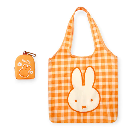 Orange gingham miffy tote bag with large bunny face, plus small orange bunny key pouch