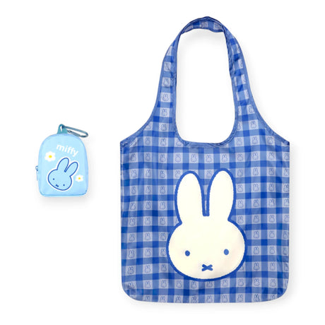 Blue checkered miffy tote bag with large bunny face, plus small light-blue key pouch