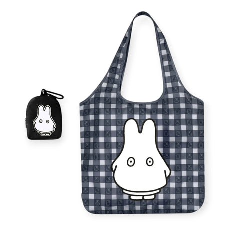 Dark blue checkered miffy tote bag with large bunny print, plus small black key pouch