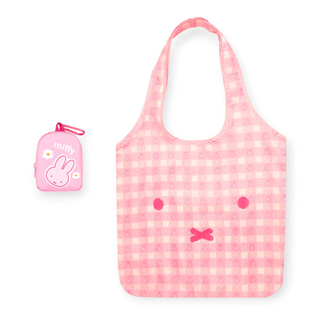Pink checkered miffy tote bag with bow detail, plus small pink bunny key pouch