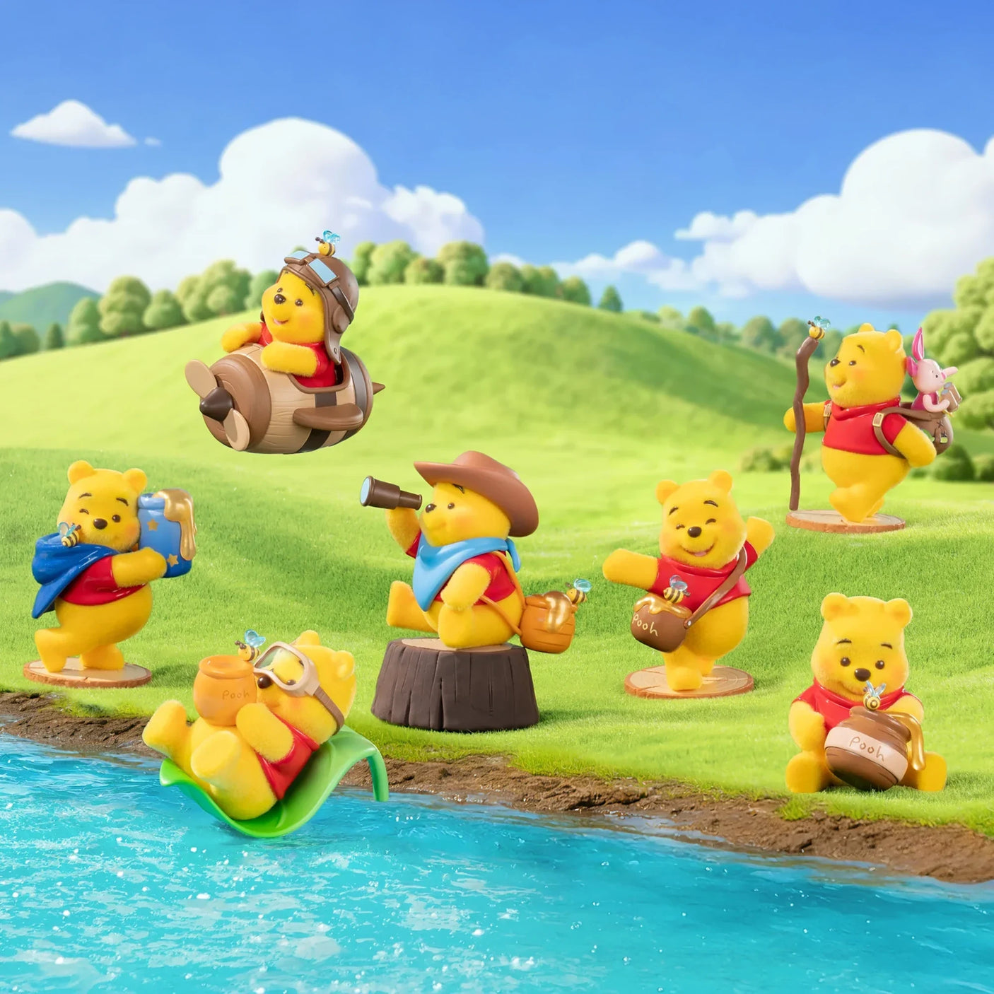 Winnie the Pooh character figure set with five posed mini figures by a pool