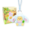 Blue bunny plush keychain with Pooh face beside Happy Farm blind box