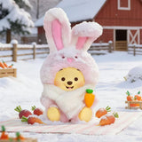 Pink bunny-costume plush figure with Winnie the Pooh face and carrot charm