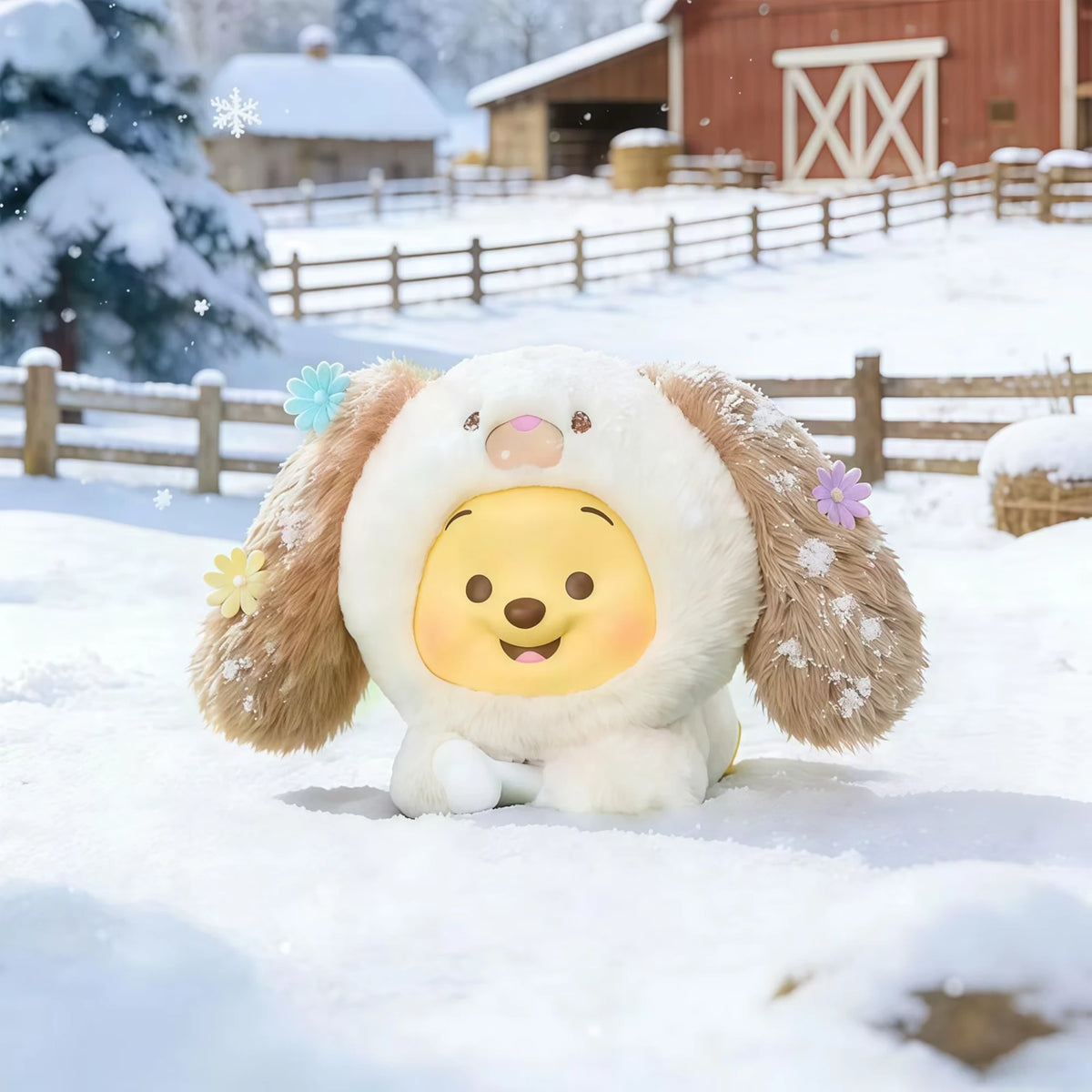Fluffy animal-hood plush figure with Winnie the Pooh face, ear detail