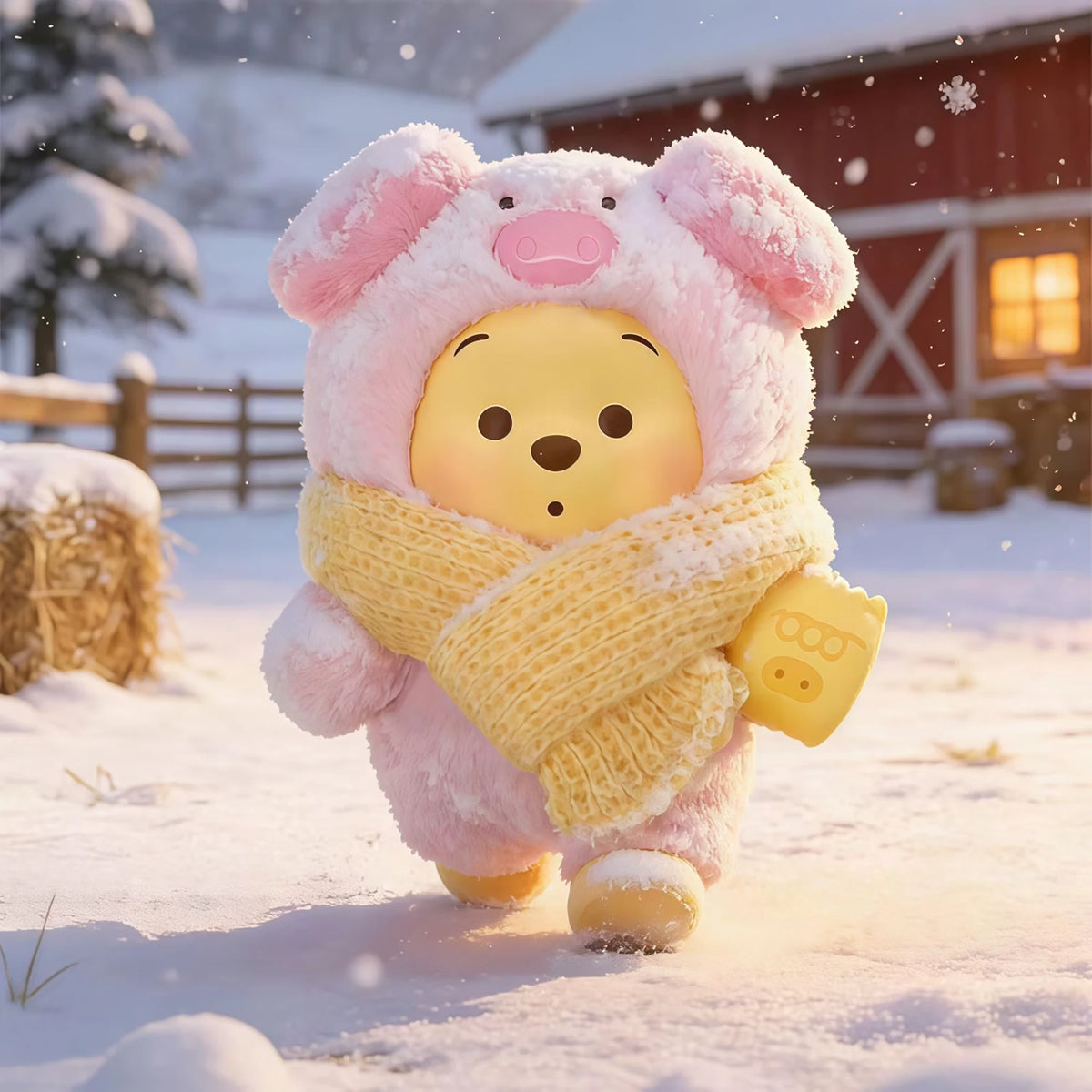 Pink plush Winnie the Pooh winter pig costume figure with yellow scarf