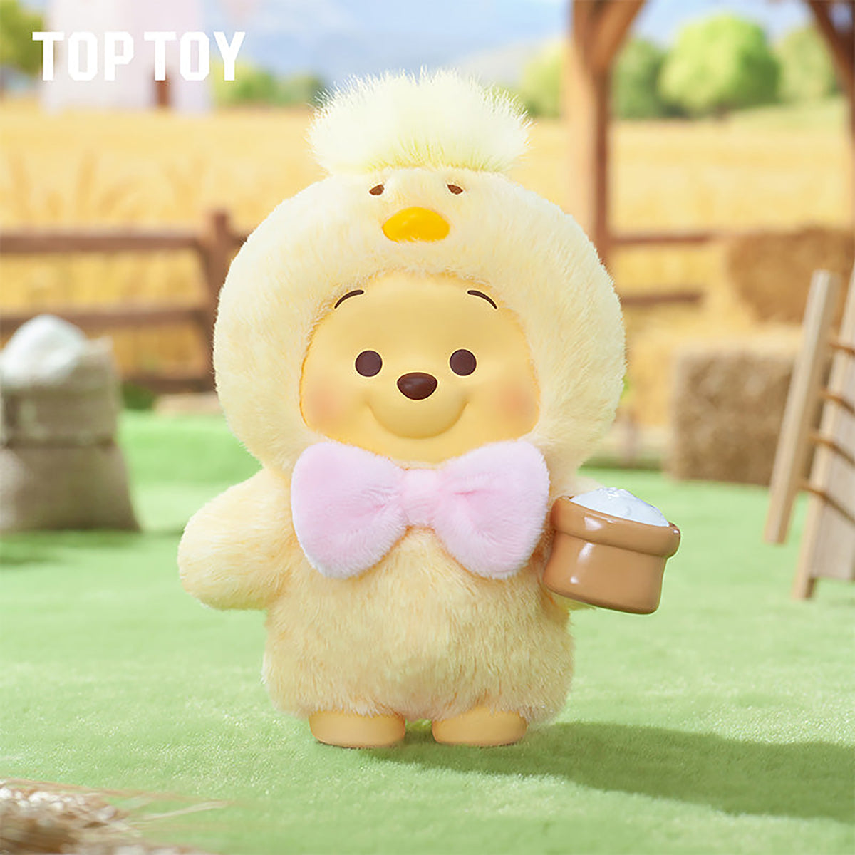 Cream plush Winnie the Pooh chick costume figure holding small bucket