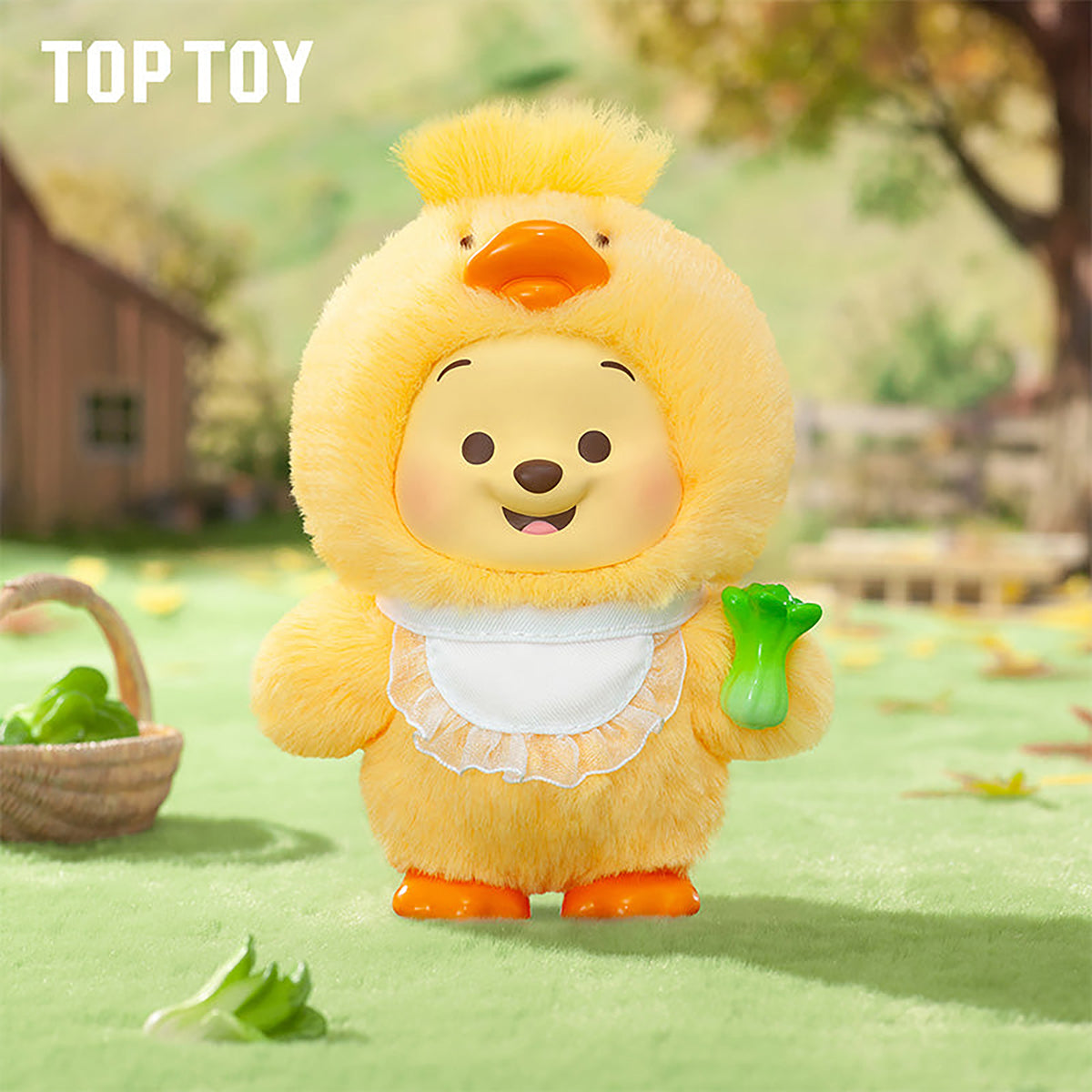 Yellow plush Winnie the Pooh chick costume figure with green vegetables