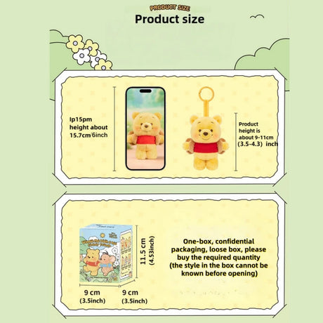 Plush yellow bear keychain wearing a red shirt, shown next to phone for size, with packaging box dimensions displayed