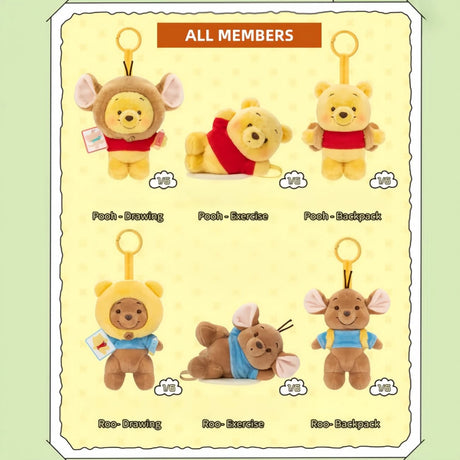 Set of six plush keychains featuring Pooh and Roo characters in drawing, exercise, and backpack poses