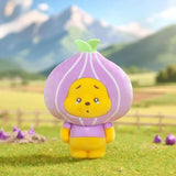 Onion-shaped purple fruit plush keychain with yellow face and white stripes