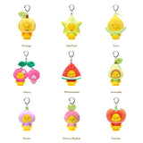 Assorted fruit plush keychains with metal rings, multiple designs shown