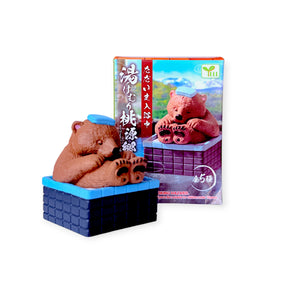 Brown bear figurine with blue towel relaxing in square onsen tub, displayed with matching colorful box, gallery position 1