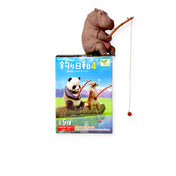 Fishing animal blind box package with tan animal figure holding a fishing rod