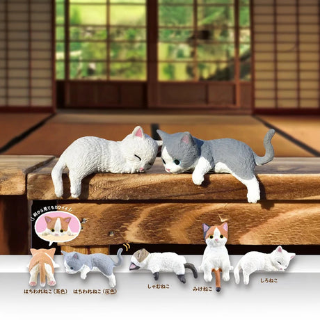 Toy figures of charming lounging cats are perched on a wooden railing, framed by a traditional Japanese interior. Smaller images feature more feline loungers from the Yell Resting Cats Blind Box - Vol. 1 collection—collect all five for a complete set!