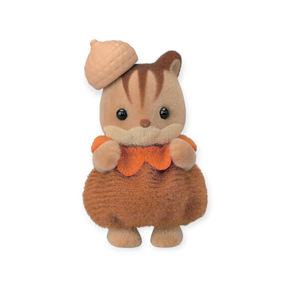 Sylvanian Families blind bag hamster figure with beige acorn cap and orange outfit